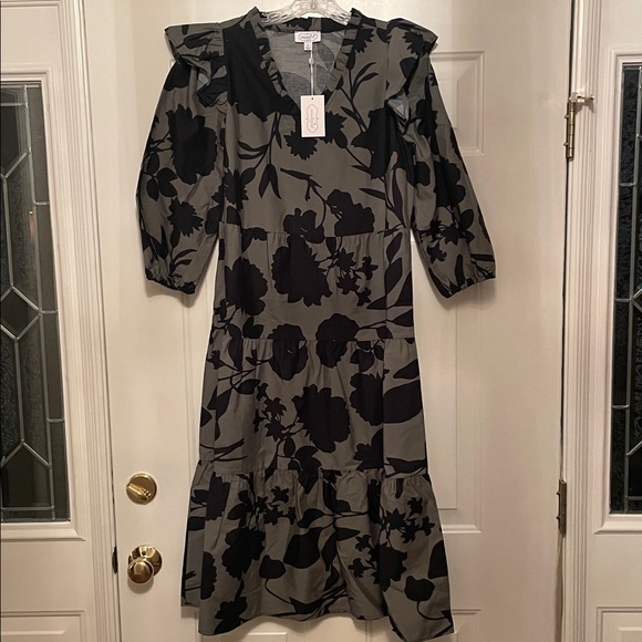 NWT Mud Pie Olive Floral Ruffle Sleeve Dress - Picture 2 of 6